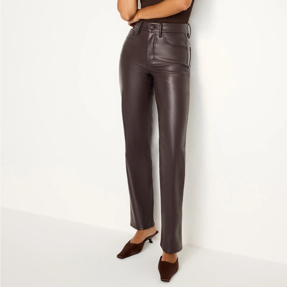 Good American Dark Brown Faux Leather Straight-Leg Ankle Pants